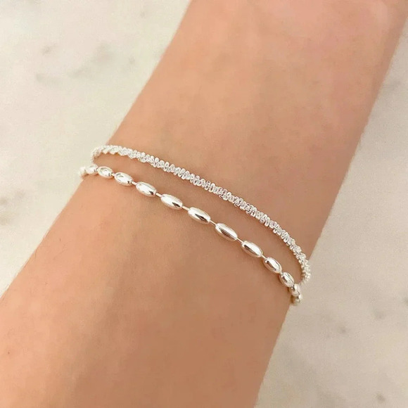 Sterling Silver Double Chain Layer Bracelet Shiny Sequin Dainty Chain Bracelet